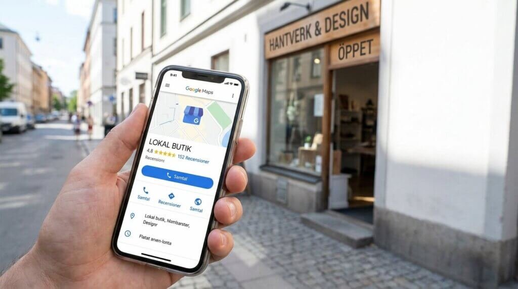 En hand håller i en smartphone som visar en Google Maps-annons för en lokal butik framför ett skyltfönster med texten "Hantverk & Design" och en "Öppet"-skylt på en kullerstensgata.