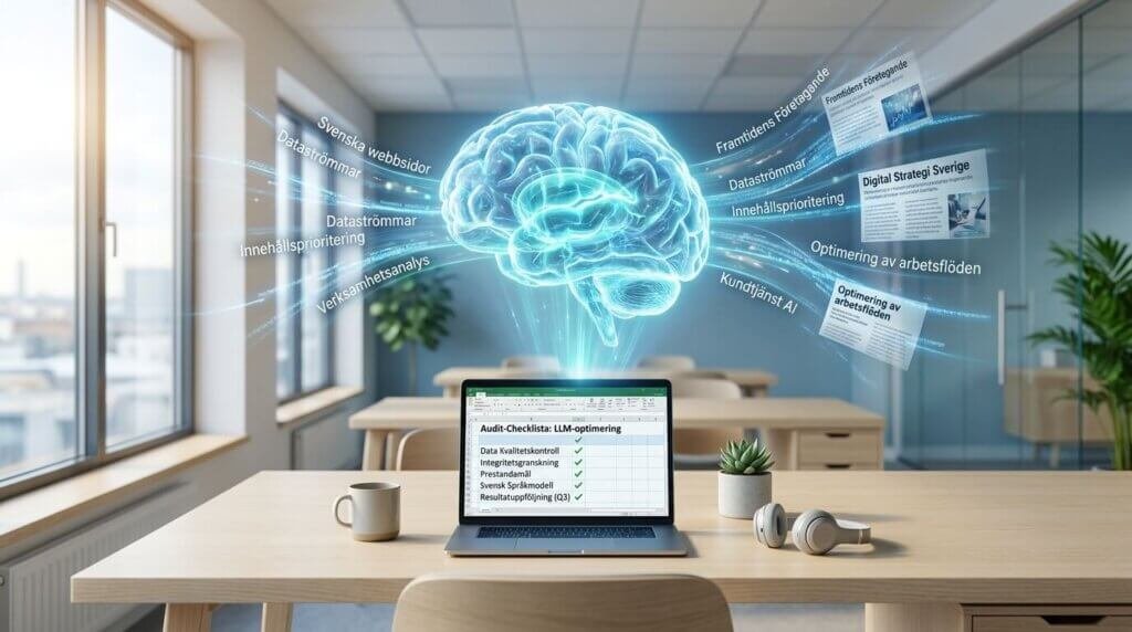 En laptop på ett skrivbord visar en checklista medan en glödande virtuell hjärna med digitala data och text på svenska svävar ovanför, vilket symboliserar artificiell intelligens och digitala strategier i en modern kontorsmiljö.