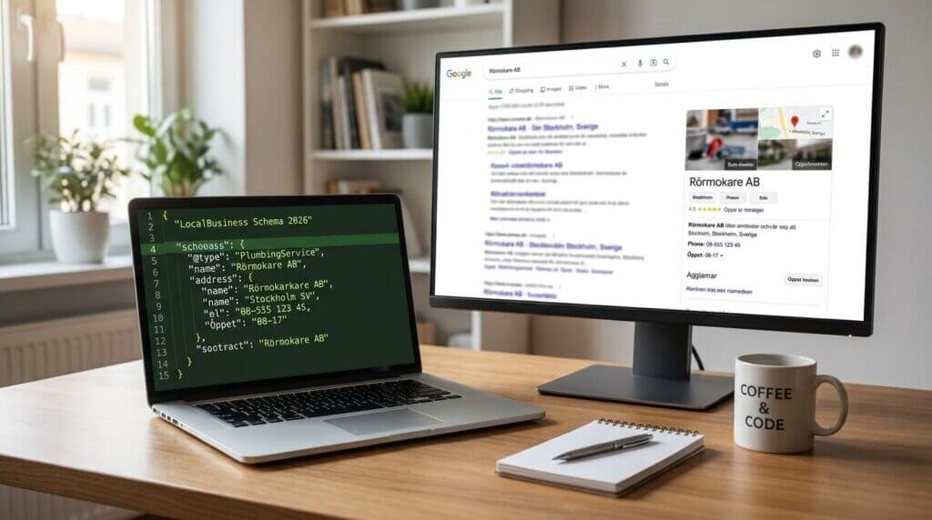 En bärbar dator med en kod på skärmen står på ett skrivbord bredvid en bildskärm som visar Googles sökresultat. En kaffemugg med texten "COFFEE & CODE" och en anteckningsbok ligger också på träbordet.