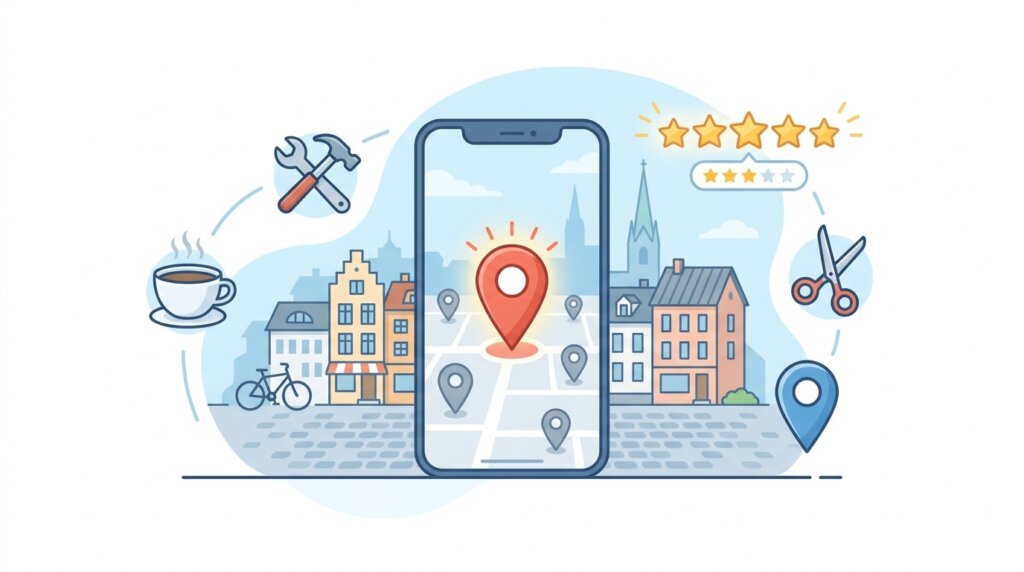 Illustration av en smartphone som visar en karta med platsnålar mot en stadsbild. Ikoner för tjänster som kaffe, cykel, reparation, hårklippning och stjärnbetyg omger telefonen, vilket tyder på lokal företagssökning.