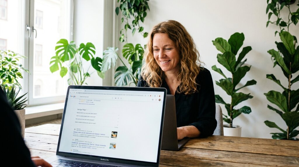 En kvinna med vågigt hår ler medan hon arbetar vid ett träbord med en bärbar dator, omgiven av gröna växter. I förgrunden visar en annan persons bärbara dator en sida med sökresultat från Google.