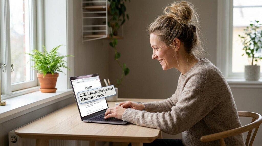 En kvinna sitter vid ett träskrivbord vid ett fönster och ler medan hon arbetar på en bärbar dator. På skärmen syns en webbsida med rubriken "CITE - sustainable practices at Nordican Design". Krukväxter står i närheten.