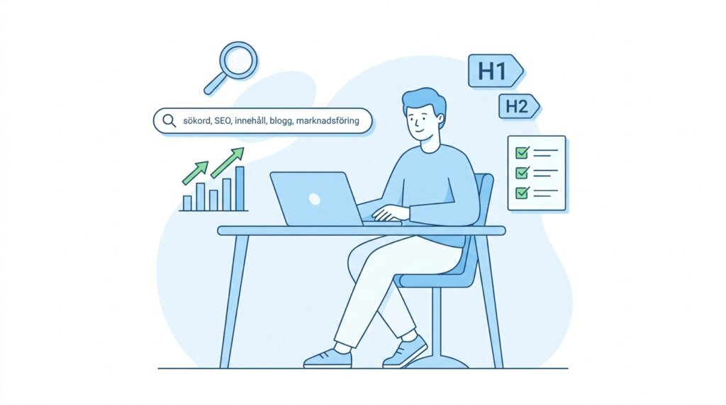 Illustration av en person som sitter vid ett skrivbord och använder en bärbar dator, med SEO-relaterade ikoner som sökfält, graf med stigande pilar, H1- och H2-tecken och en checklista, vilket tyder på arbete med digital marknadsföring och sökoptimering.