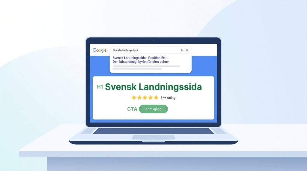 Illustration av en laptop som visar en mockup av en webbsida med rubriken "Svensk Landningssida", ett femstjärnigt betyg och en grön knapp med texten "Kom igång". Ett Google-sökutdrag visas ovanför skärmen.