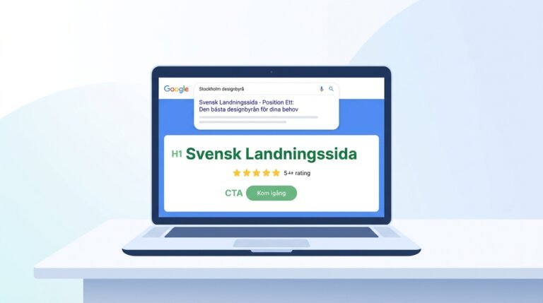 Illustration av en laptop som visar en mockup av en webbsida med rubriken "Svensk Landningssida", ett femstjärnigt betyg och en grön knapp med texten "Kom igång". Ett Google-sökutdrag visas ovanför skärmen.