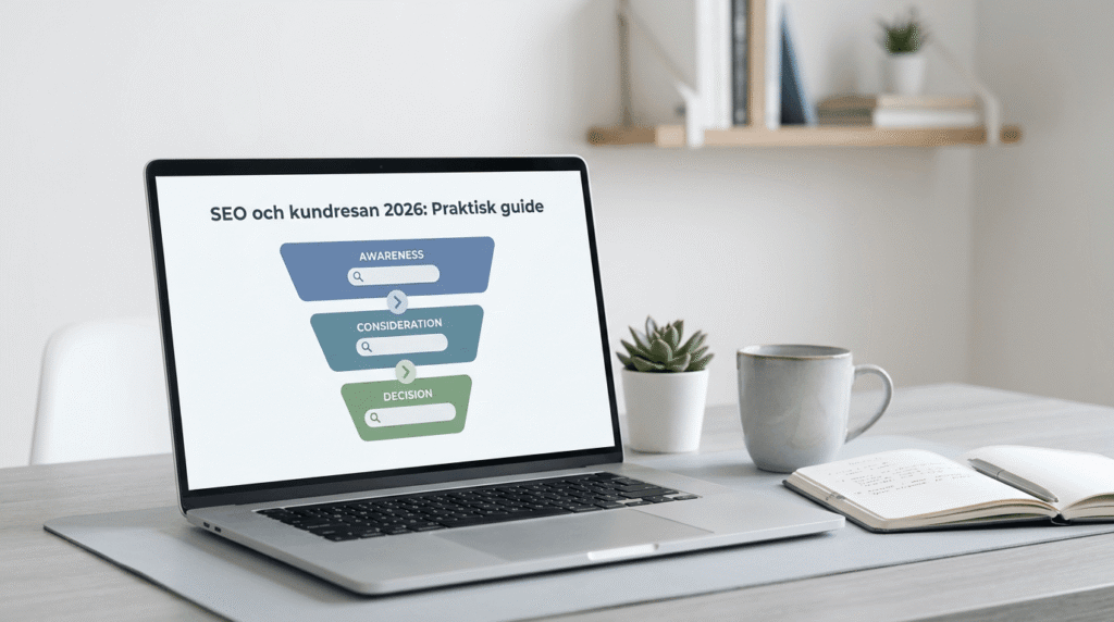 En bärbar dator på ett skrivbord visar en presentation med titeln "SEO och kundresan 2026: Praktisk guide" med ett trattdiagram märkt Awareness, Consideration och Decision. På skrivbordet finns också en anteckningsbok, en penna, en mugg och en växt.