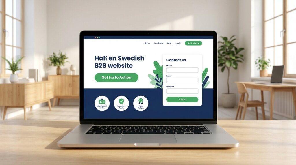 En laptop på ett träbord visar en webbplats med rubriken "Håll en svensk B2B-webbplats" och ett kontaktformulär. Bakgrunden visar ett ljust, modernt kontor med stora fönster och växter.