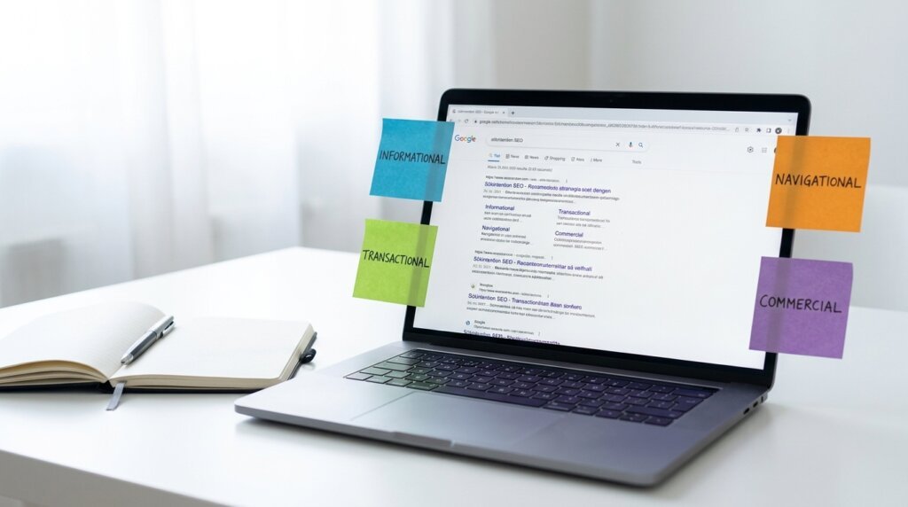 En bärbar dator på ett skrivbord visar en resultatsida från en sökmotor. På skärmen sitter färgglada klisterlappar märkta med information, navigering, transaktioner och reklam. En öppen anteckningsbok och en penna ligger bredvid den bärbara datorn.