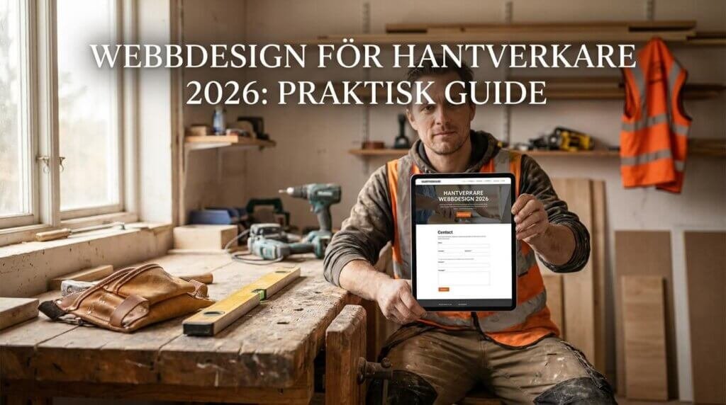 En hantverkare i en verkstad håller i en surfplatta som visar en guide för webbdesign. Verktyg och trä ligger på arbetsbänken och texten över bilden lyder "Webbdesign för hantverkare 2026: Praktisk guide.