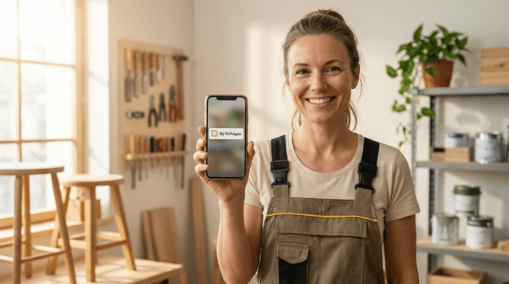 En kvinna i overall ler och håller upp en smartphone med appen "My Verblijfpas" i en ljus, solbelyst verkstad med verktyg, träpallar och växter i bakgrunden.