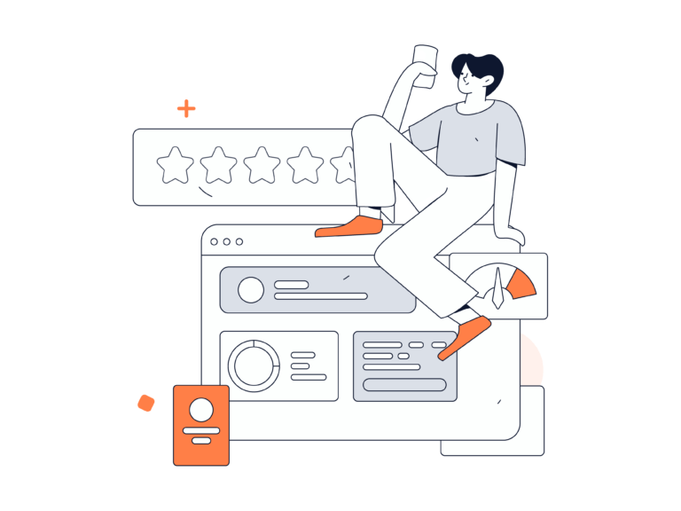 Illustration av en person som sitter på ett webbläsarfönster och håller en telefon. Det visas stjärnbetyg, diagram och kort som framhäver ai-verktygets möjligheter. Färgschemat är främst svart, vitt och orange.