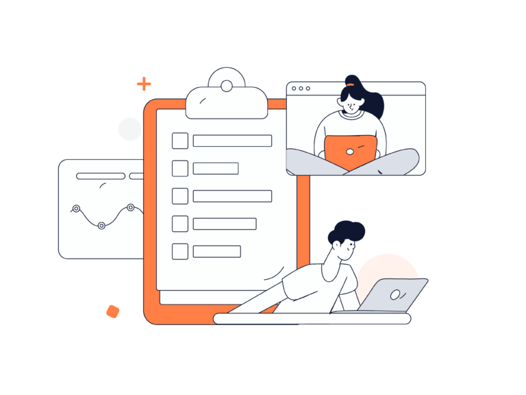 En minimalistisk illustration visar en person som använder en bärbar dator, omgiven av digitala element som en checklista på ett urklipp, en graf som visar hur man "ranka på Google" och en annan person som videochattar på skärmen, allt accentuerat i orange och svart.