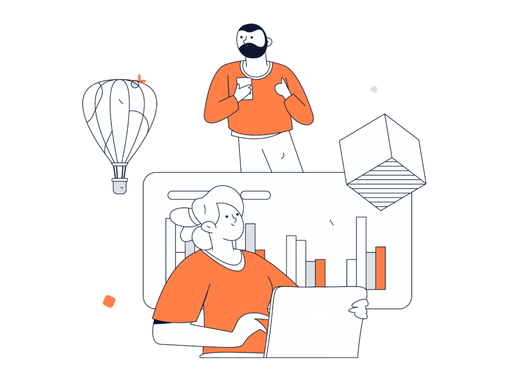 Illustration av två personer som interagerar med data: en håller en bärbar dator, undersöker ett stapeldiagram och den andra står med en kaffekopp. Runt dem svävar geometriska former och en luftballong. Scenen är i orange, vitt och svart, vilket perfekt fångar friheten att äga ett domännamn utan webbhotell.