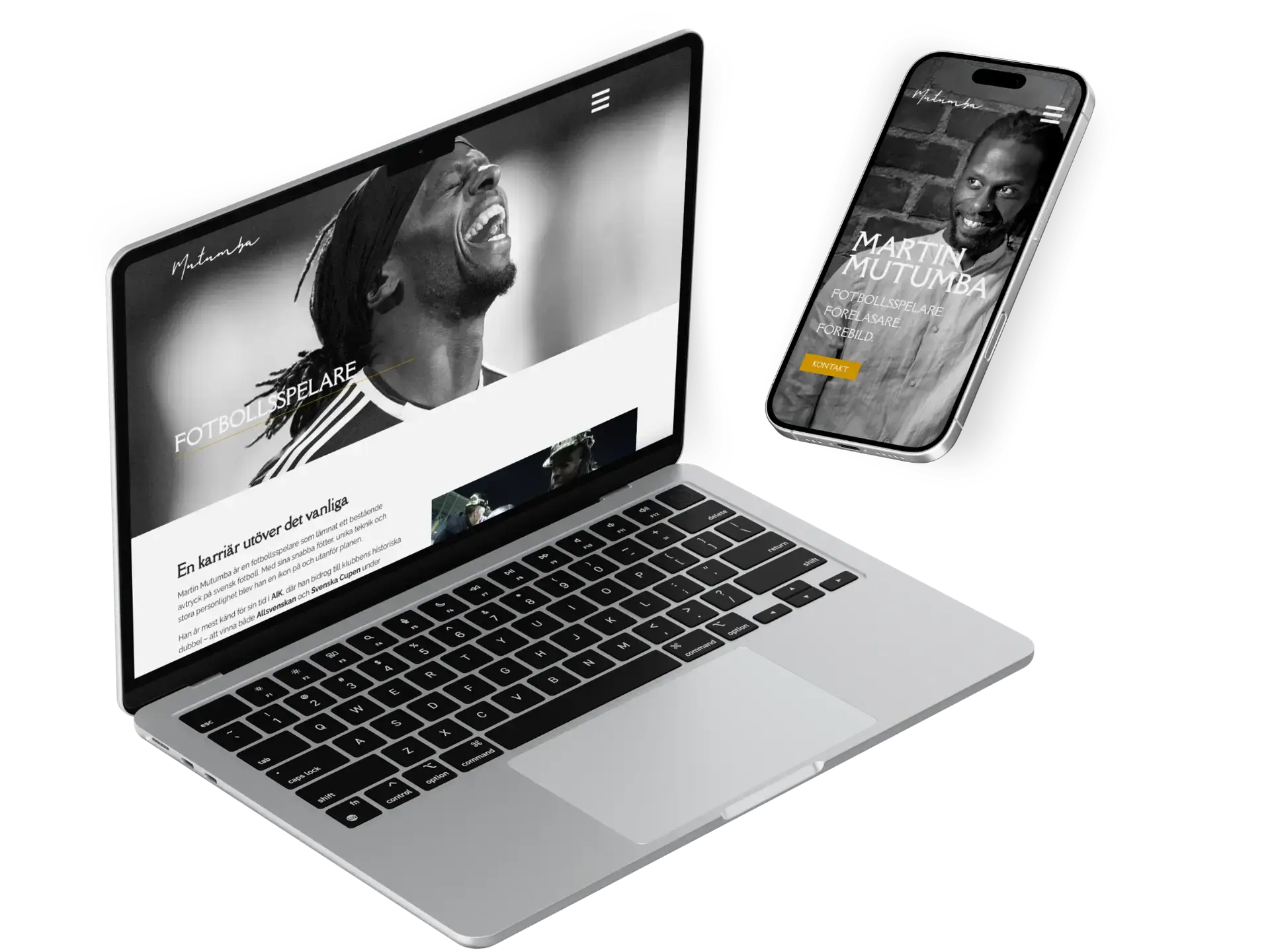 En bärbar dator och en smartphone visar båda en webbplats med Martin Mutumba som ler. Den bärbara datorn visar hemsidan med text och bilder, medan smarttelefonen visar Martins profilsida med hans namn och ytterligare innehåll.