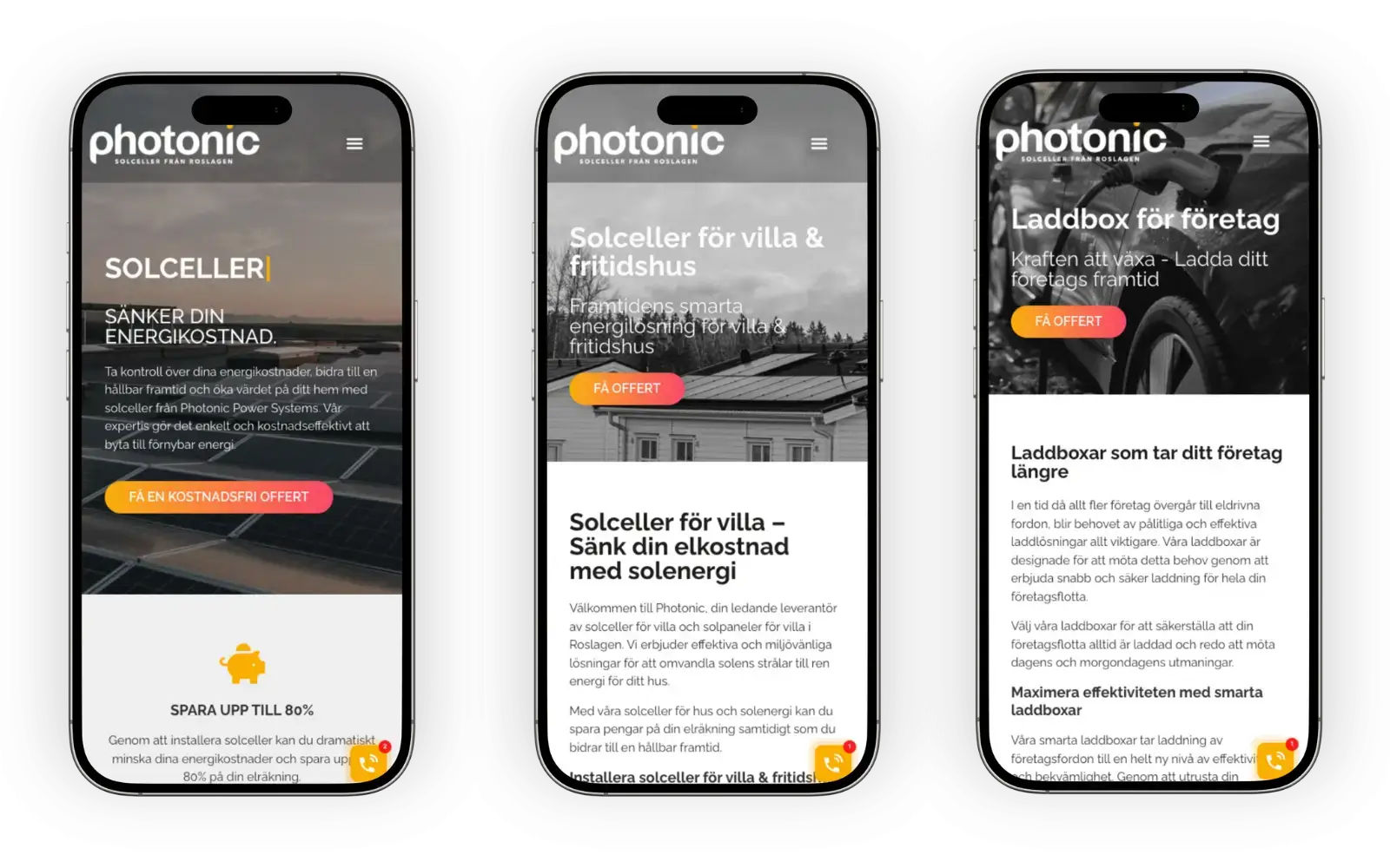 Tre smartphones visar en svensk webbplats för Photonic Power Systems, som visar upp solenergilösningar för hem och företag. Skärmarna har bilder av solpaneler, elbilsladdning och text som främjar energibesparingar och effektivitet.