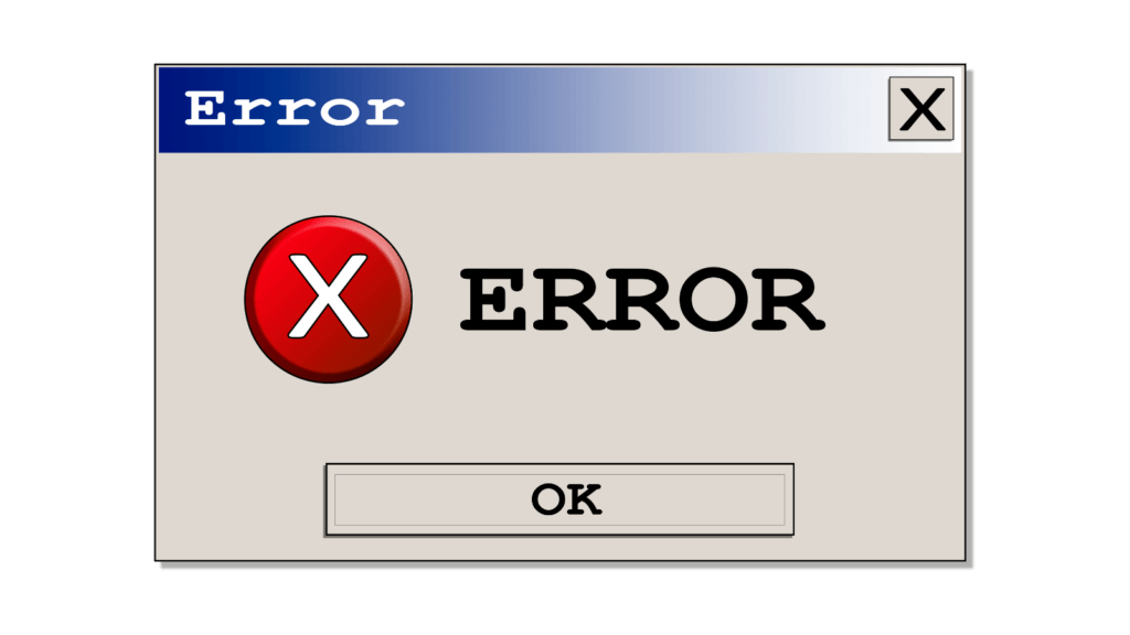 En datorfelmeddelanderuta i retrostil med en stor röd cirkel och vitt "X" till vänster, ordet "ERROR" i fet stil bredvid och en "OK"-knapp längst ner efter misstag inom On-page SEO.