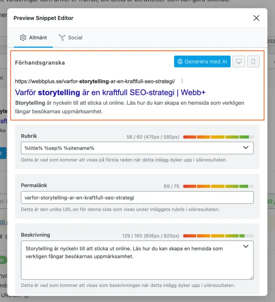En skärmdump av en artikelredigerare online visar ett förhandsgranskningsutdrag. Titeln, på svenska, lyder "Varför storytelling är en kraftfull SEO-strategi", med en kort beskrivning om att fånga besökarnas uppmärksamhet. Redigeringsfält för att skriva den perfekta metabeskrivningen och SEO-poäng är synliga.