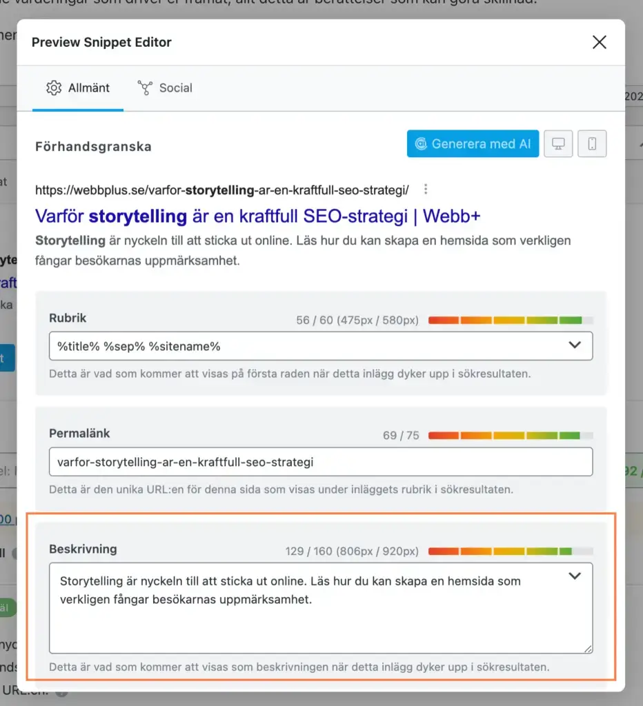 Skärmdump av ett webbsidesredigeringsverktyg som visar fält för titel, permalänk och metabeskrivning. Den innehåller ett förhandsutdrag för en svensk artikel om berättande som en effektiv SEO-strategi, komplett med antal tecken och SEO-analysindikatorer för att förbättra din skrivaprocess.