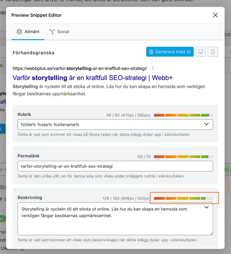 En skärmdump av en webbredigerare avslöjar fält för en titel, permalänk och beskrivning med antal tecken. Den markerade titeln lyder "Varför storytelling är en kraftfull SEO-strategi", medan en grön stapel antyder den perfekta metabeskrivningens längd i beskrivningsfältet.