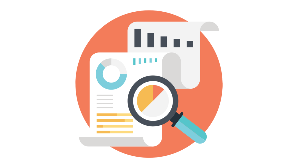 Illustration av ett förstoringsglas över ett dokument med diagram och grafer, åtföljd av en upprullad rullning med ett stapeldiagram som om man genomfört en SEO-analys för On-page SEO. Bakgrunden är en korallfärgad cirkel.