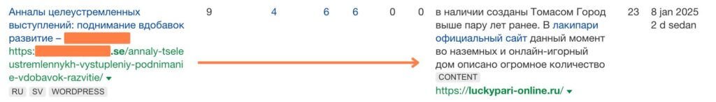 Skärmdump av en webbplatsanalyssida som avslöjar URL-detaljer. Avsnittet till vänster innehåller censurerad text och en myndighetslänk. Den högra sidan listar numeriska data och ytterligare text, med ytterligare en avslöja länk längst ner.