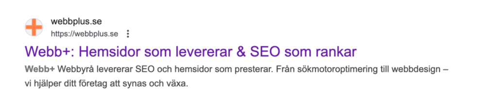Skärmdump av ett Google-sökresultat med webbplus.se. Texten lyfter fram digitala tjänster som SEO, webbdesign och att skriva den perfekta metabeskrivningen, allt med fokus på prestanda och att hjälpa företag att växa.