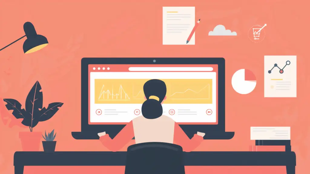 En person sitter vid ett skrivbord framför en stor datorskärm som visar grafer och diagram, omgiven av kontorsinredning, dokument, en lampa, en växt och väggdiagram - vilket tyder på dataanalys inom SEO eller SEM eller arbete hemifrån.